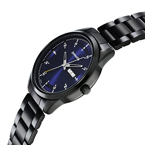 Sonata Force Quartz Analog with Day and Date Blue Dial Black Stainless Steel Strap Watch for Men - NT7146NM01
