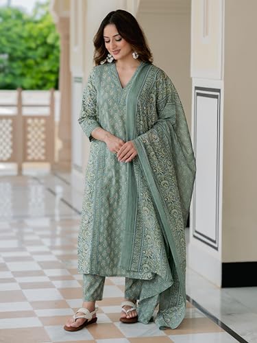 Arayna Women’s Cotton Printed Kurta Set with Pants & Dupatta | Elegant Ethnic Wear for Women | Floral Print | Comfortable Suit Set, Pastel Green, Small