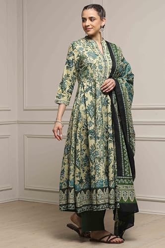 Biba Women Green Cotton Anarkali Printed Suit Set_36