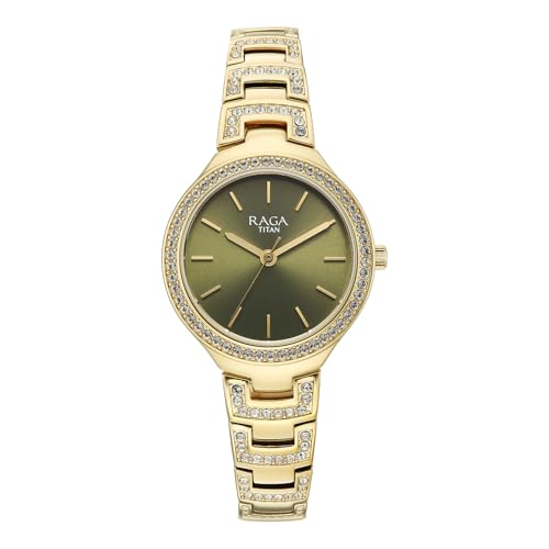 Titan Raga Spotlight with Quartz Analog Green Dial Gold Brass Strap Watch for Women - 95428YM01