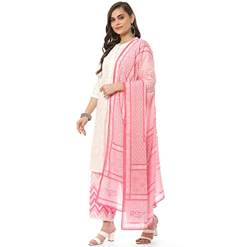 BIBA Women Printed Straight Salwar Kurta Dupatta(Skd8052_Wht/Pnk_42), Cotton, White/Pink