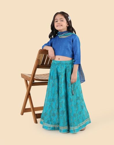 Fabindia Girls Cotton Silk Blend Blue Hand Block Print Round Neck 3Q Sleeves Celebration Regular Fit Lehenga Choli & Dupatta Set