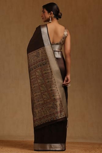 Soch Womens Brown Tussar Botanical Printed Saree