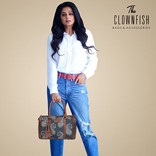 THE CLOWNFISH Lorna Printed Handicraft Fabric Handbag for Women Office Bag Ladies Shoulder Bag Tote for Women College Girls (Ash Gray)