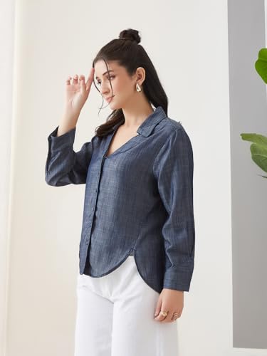 Latin Quarters Women Blue Solid Full Sleeves Casual Shirt_XL