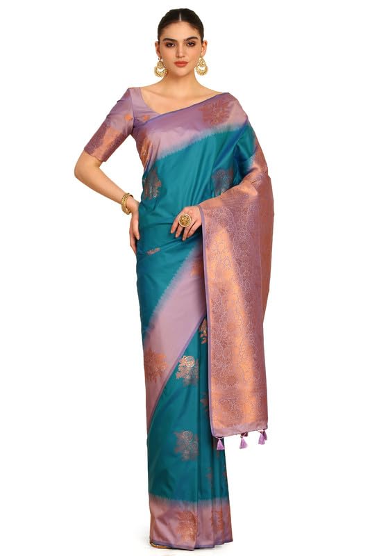 Soch Womens Turquoise Blue Floral Zari Woven Design Silk Blend Saree With Tassels