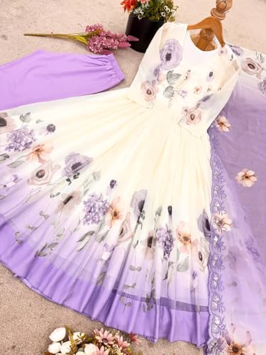 SAMUYA Women’s Fully Stitched Faux Georgette Embroidered Sequence Work Gown – Ready-to-Wear Ethnic Outfit for Parties & Festive Occasions (in, Alpha, XL, Regular) Purple and White