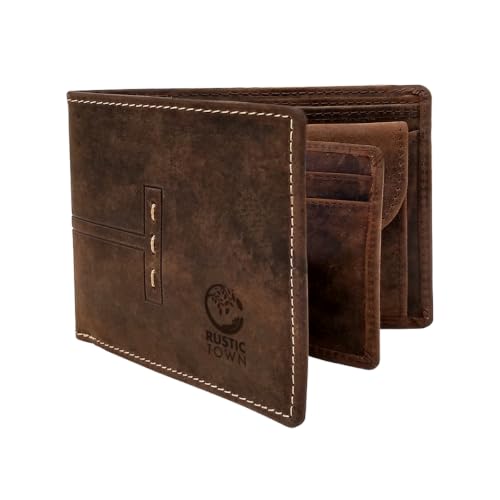 RUSTIC TOWN Mens Wallets - Full Grain Leather RFID Wallet for Men with ID Window, Card Slots and Coin Pocket (Large, Dark Brown)