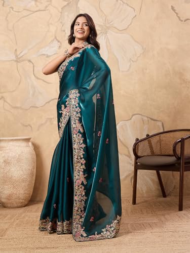 Ekasya Women Jimmy Silk Teal Green Floral Pattern Embroidery Work Saree With Unstitched Blouse (E6386_2)