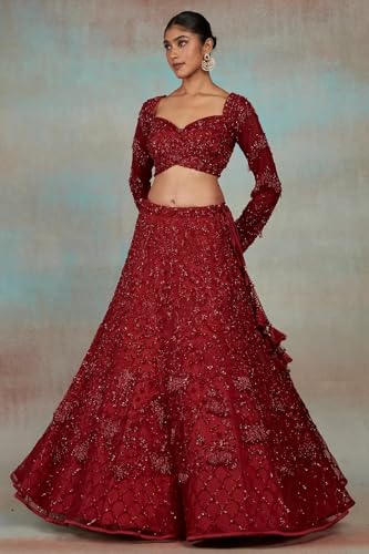Women's Red Net Reception Lehenga with Sweetheart Neck