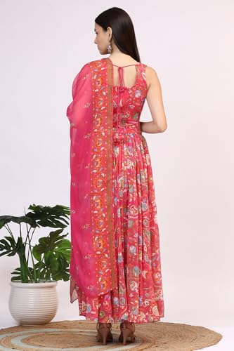 W for Woman Pink Floral Printed Embellished Chiffon Sleeveless Crop Top, Skirt and Dupatta Set (Size: XS)-WS12117-124246