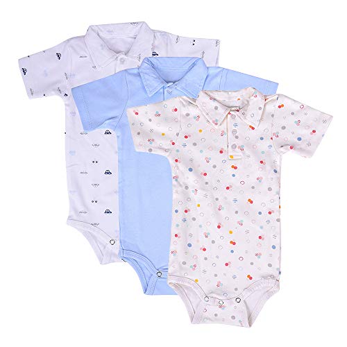 MOM'S HOME Baby's Organic Cotton T-Shirt Bodysuit with Dot, Car, Blue (Multicolour, 3-6 Months) - Pack of 3