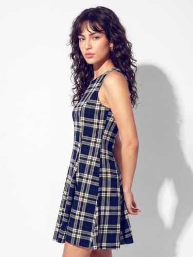 Max Women Plaid Fit & Flare Dress (Blue_XL)