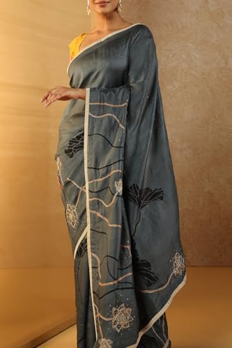 Taneira Women Blue Pure Silk Hand Painted Saree with Unstitched Blouse Piece (SHH08D00041-Blue)