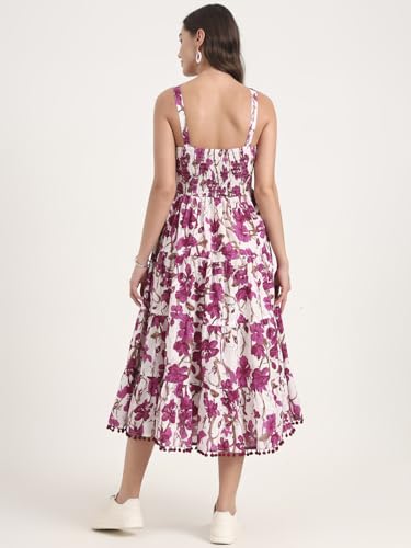 Divena Purple Printed Cotton Shoulder Strap Pompom Dress