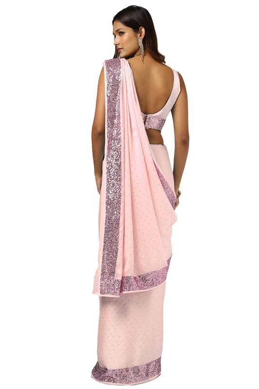 Soch Womens Peach Satin Saree With Stones And Sequins