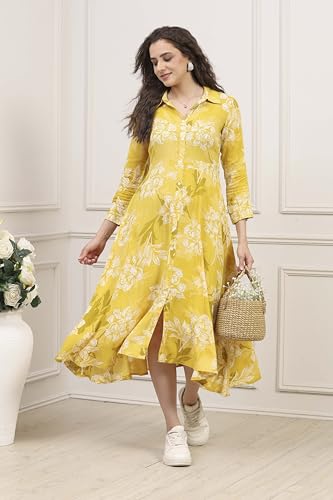 BIBA Women Olive Rayon Printed Straight Dress_42