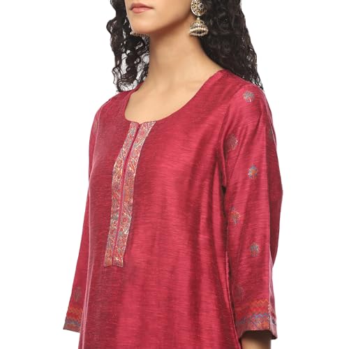 BIBA Women YARNDYED STRAIGHT SALWAR KURTA DUPATTA(SKDARTSY WE9103_PINK_42)