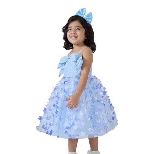 Hopscotch Girls Blue Sleeveless Butterfly Applique Dress for Age (4-5 Years)