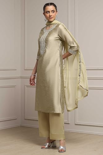 Biba Women Light Green Viscose Blend Straight Dyed Suit Set_42