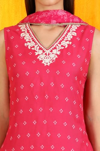 W for Woman Pink Embroidered Shantung Sleeveless Kurta, Cropped Pants and Dupatta Set (Size: M)-WS12730-125179