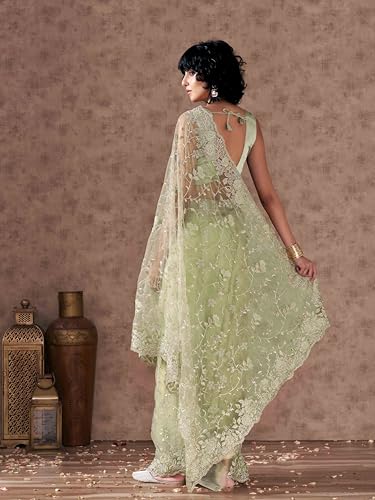 Womanista Women's Women Net Saree ll Women Embroidered saree ll Women Green saree ll Un-stitched blouse saree