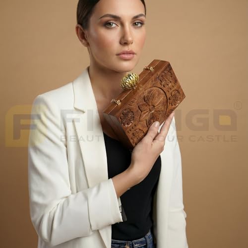 FITTINGO Wooden Clutch Purse for Women 11.5 x 5.5 x 19 cm | Rectangular Handcrafted Wooden Purse Bag with Chain | Stylish Hard Wood Clutch for Party Wedding Casual Use Premium Wooden Handbag- Model 3
