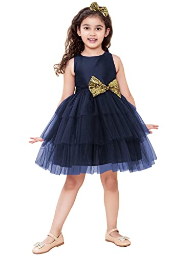 A.T.U.N Baby Girl's Fit and Flare Dress (GDRS KYH NVG_6-12_Navy Blue, Gold_6-12 Months)