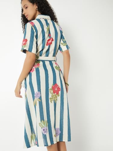 Max Women Printed Belted A-line Shirt Dress(White_L)