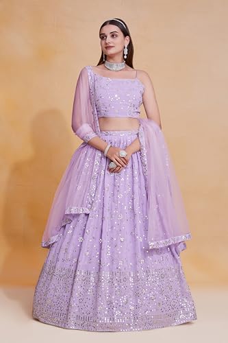 JIHU CULTURE Women Georgette Semi Stitched Lavender Embroidery Lehenga Choli Semi-Sttiched Lengha Choli With Dupatta, 3.5