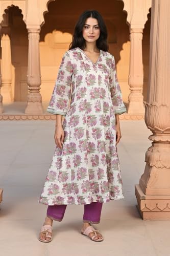 W for Woman Floral Printed Sequined Flared Chanderi Kurta with Straight Pant and Dupatta Set - Beige (WS12946-126020-XL)