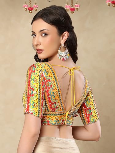 Yellow Silk V-Neck Embroidered Readymade Saree Blouse