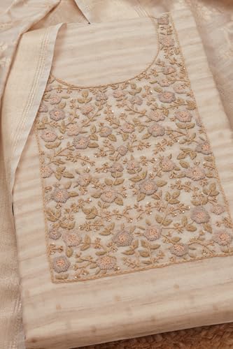 Soch Womens Cream Tussar Zari Woven Unstitch Dress Material With Thread Work