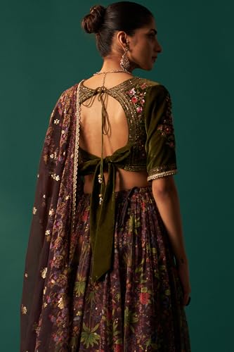 Wishful Women's Green Embroidered Velvet Blouse with Floral Printed Skirt and Dupatta Set (SP12875-223812-XL)