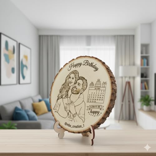Natural Wooden Slice Photo Frame | 6 Inch Custom Photo Gift Item | Laser Engraved Natural Wood Slice with Stand | Handmade Personalized Gift for Pre-wedding Ceremony