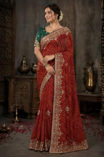 Red Bandhani Embroidery Saree
