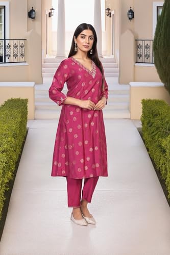 W for Woman Pink Ethnic Motifs Zari Embroidered A-Line Jacquard Kurta with Straight Pant and Dupatta Set (WS13239-314442-S)