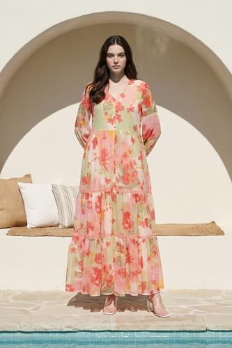W for Woman Pink Floral Printed Tiered Dress - (W13667-126980-XS)