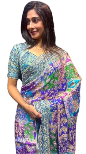 Vinayak Textile Women's Blue Green Pink Multicolored Ajrak Digital Prined Real Mirror And Latkan Worked Saree With Blouse