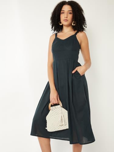 Max Women Pleated A-line Midi Dress(Green_XL)