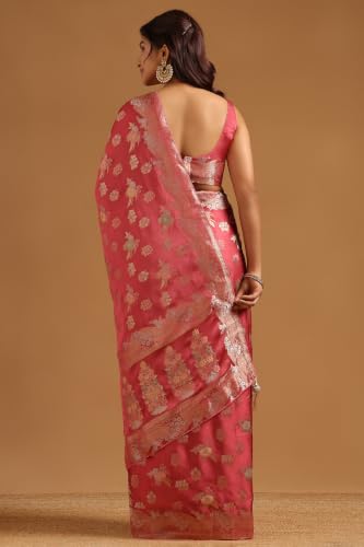 Soch Womens Onion Pink Satin Botanical Zari Woven Saree