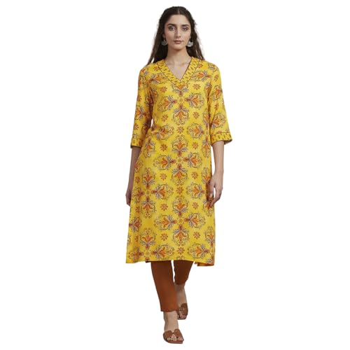 Biba Women Yellow Viscose Rayon Straight Kurta_46