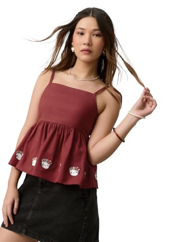 The Souled Store Hello Kitty: Strawberry Embroidery Women and Girls Sleeveless Square Neck Maroon Embroidered Cotton Linen Blend Regular Fit Lightweight All-Season Everyday Peplum Top