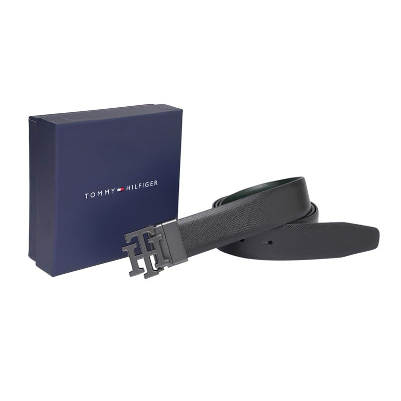 TOMMY HILFIGER Leather Belt for Men, Antigua, Medium, Black+Olive