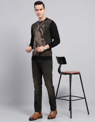 Monte Carlo Mens Black Self Design Round Neck Full Sleeve Pullover - 1243242RN-1-42