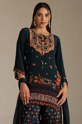 Soch Women's Teal Green Crepe Floral Print Suit Set With Mirror Work