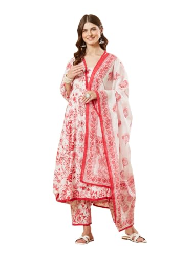 Divena White Floral Cotton Anarkali Kurta Sets With Dupatta