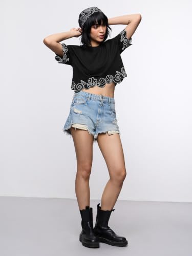 The Souled Store Seashell Women and Girls Short Sleeves Round Neck Black Embroidered Cotton Oversized Crop Fit Lightweight Everyday Casual T-Shirts