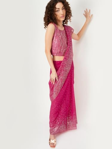 Max Women Sequinned Pre-Stitched Saree with Blouse(Pink_XL)