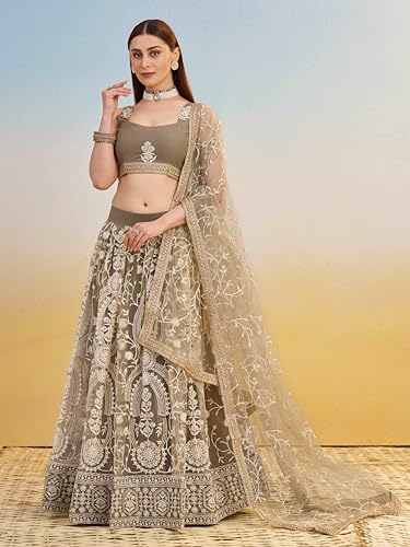 Zeel Clothing Women's Cotton Thread Sequins Work Embroidery Soft Net Lehenga Choli With Dupatta (NFH-2144-Ivory-Women-Lehenga-Choli-New; Free size) (Ivory)